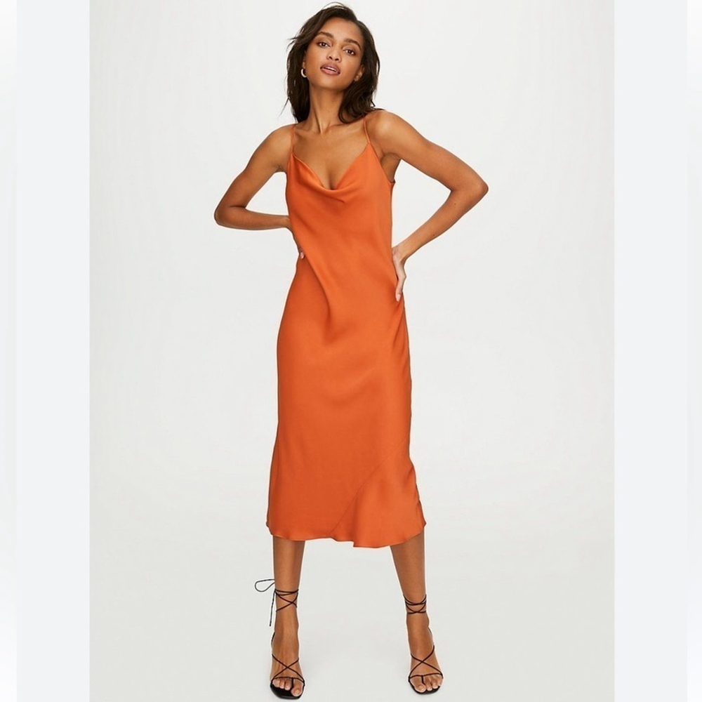Aritzia Wilfred Davina Ruched Slip Summer Dress in tangerine Sz L